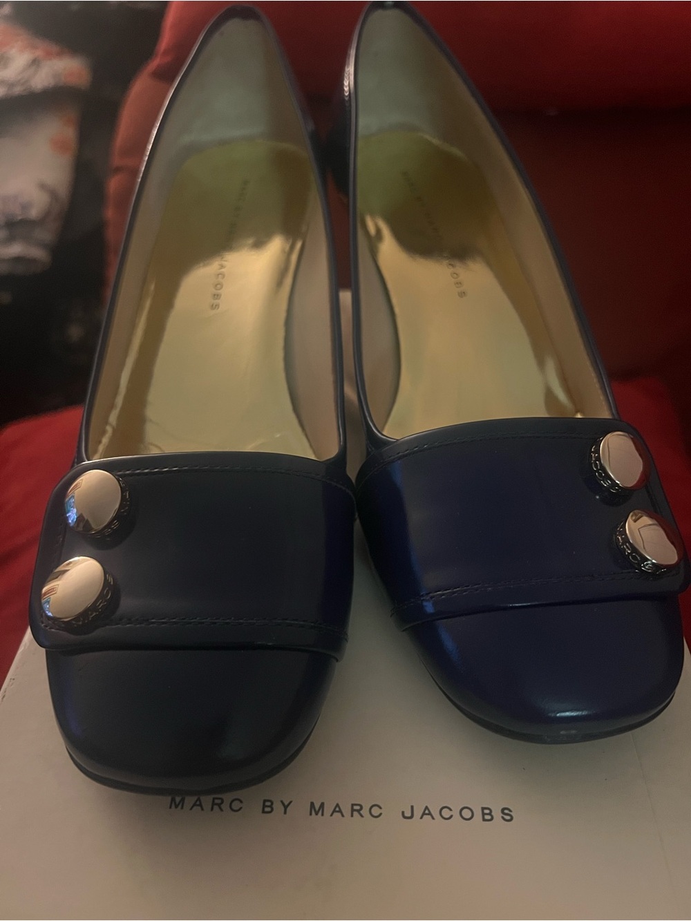 Marc by Marc Jacobs Navy Patent Loafers with Gold Buttons